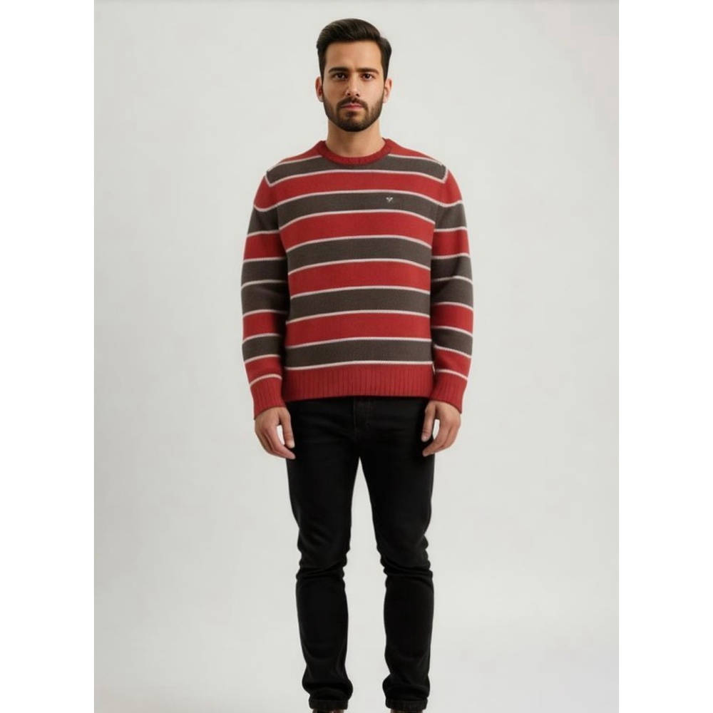 Men's American Eagle Striped Sweater Red Brown Med Crewneck Embroidered Logo Y2K